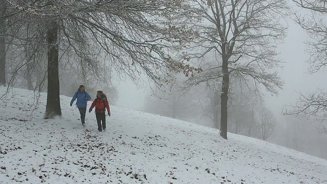 父子在暴风雪中奔跑的轰鸣声视频素材