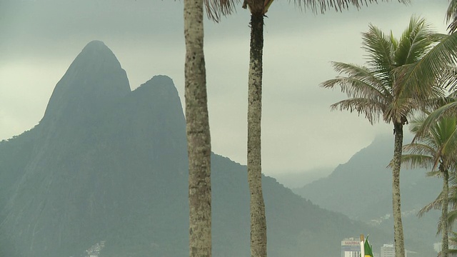 通过伊帕内玛海滩的棕榈树欣赏两兄弟山[Dois IrmÃ£os]，里约热内卢de Janeiro，巴西[巴西]视频素材