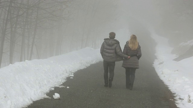 刚下完雪，一对夫妇走在雾蒙蒙的路上视频素材