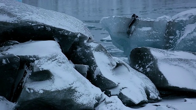 冰岛Jokulsarlon湖的冰川细节与冰雪覆盖的冰川和湖畔/冰岛视频素材