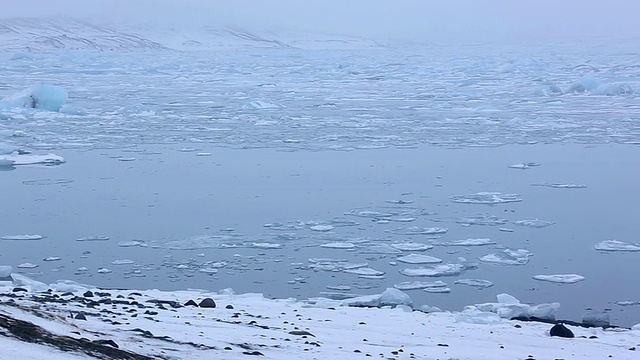 人们在平静的Jokulsarlon泻湖边散步和享受，许多冰川反射和漂浮在水面上/冰岛视频素材