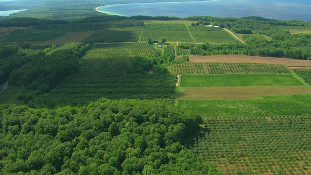 MS AERIAL TU的葡萄园和农场在Leelanau半岛揭示密歇根湖/密歇根州，美国视频素材