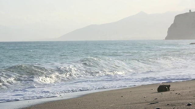 当海浪冲击着海滩时，平底船驶过小山视频素材