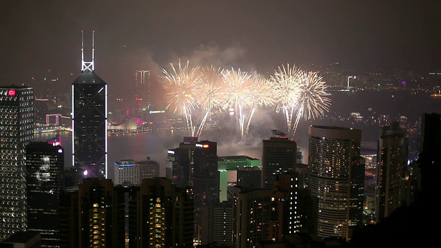 WS HA金融区晚上的天际线与烟花表演/中国香港视频素材