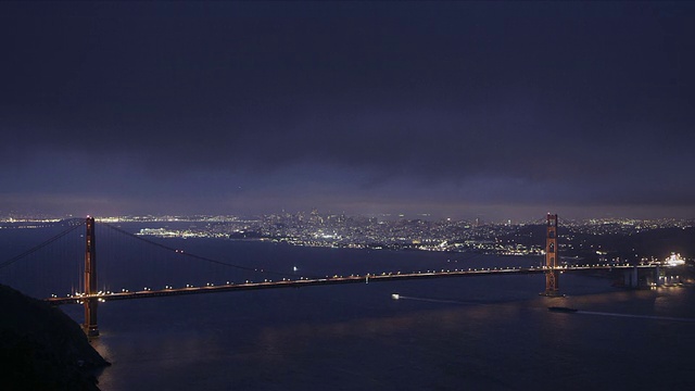 的夜晚。间隔拍摄。完整跨度的金门大桥在前景，旧金山在背景视频素材