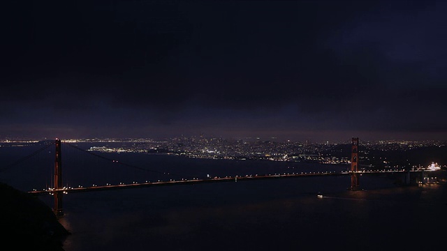 的夜晚。间隔拍摄。完整跨度的金门大桥在前景，旧金山在背景视频素材