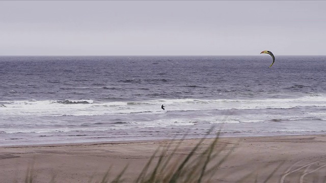 在海洋海滩上，风筝滑板正在穿越白浪视频素材