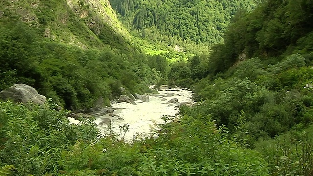 拉回奔腾的溪水流过北阿坎德邦的群山视频素材