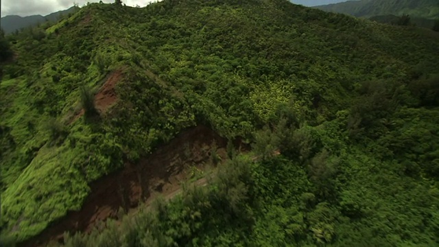 长镜头空中推进跟踪左太平洋波浪滚到夏威夷考艾岛海岸。美国夏威夷/视频素材