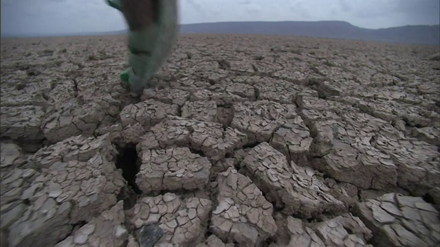 中等左侧——骆驼队和部落成员在非洲干裂的土地上穿行。/吉布提视频素材