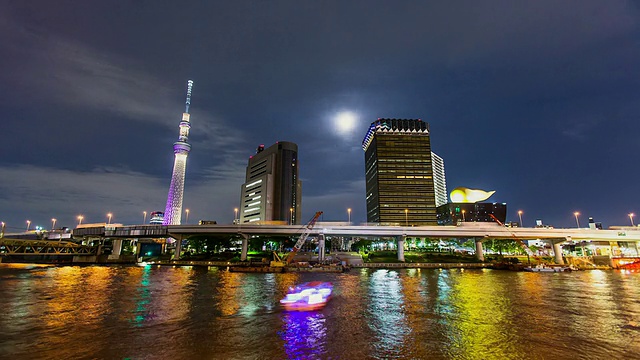 东京天空树通讯塔附近的月亮升起的夜景和住田河与浅草地区/日本东京视频素材