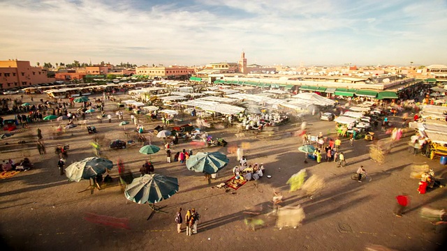 摩洛哥马拉喀什jemaa el fna广场市场的T/L视图视频素材