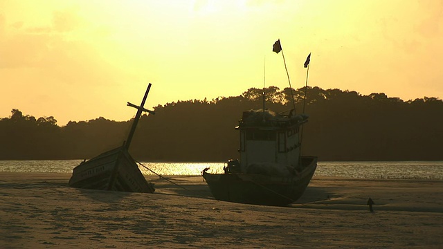 两艘船在海滩上/ Ilha dos Lencois, Maranhao，巴西视频素材