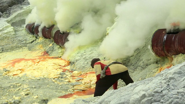 MS矿工在印度尼西亚爪哇伊真火山口进行硫磺提取工作视频素材