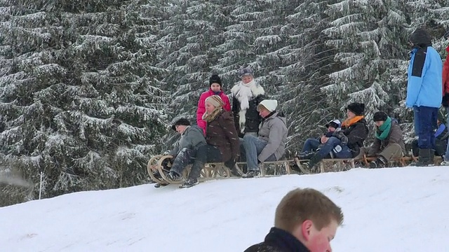 孩子们在冬天雪地上滑雪的照片/埃尔别斯科普夫，汉斯拉克，莱茵兰-普法尔茨，德国视频素材