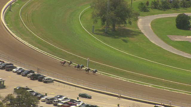 MS AERIAL TS拍摄的赛马在fair grounds race course /新奥尔良，路易斯安那州，美国视频素材