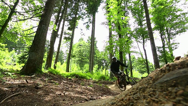 山地车在绿色的森林里骑车下山视频素材