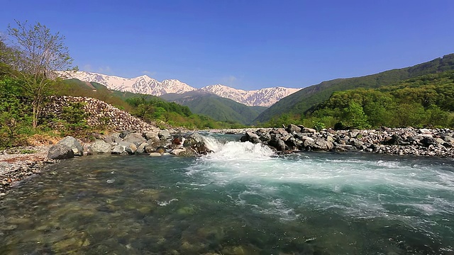 飞田山，北阿尔卑斯山和融化的雪河/白波，长野县，日本视频素材