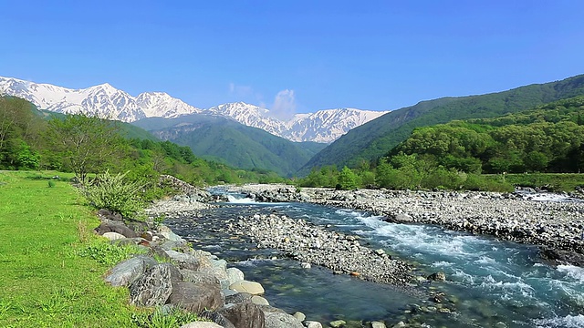 飞田山，北阿尔卑斯山和融化的雪河/白波，长野县，日本视频素材