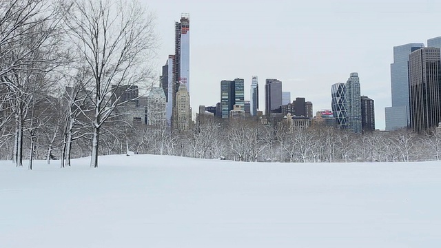 美国纽约，中央公园和曼哈顿摩天大楼被雪覆盖视频素材