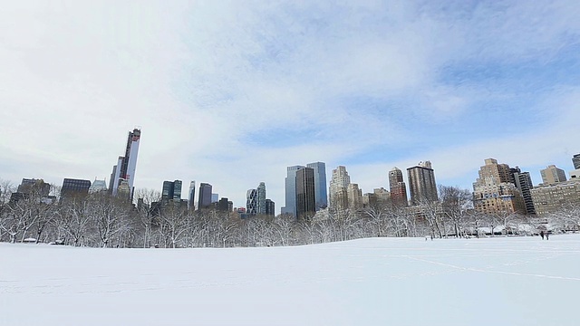 白雪覆盖的中央公园和曼哈顿摩天大楼/美国纽约视频素材