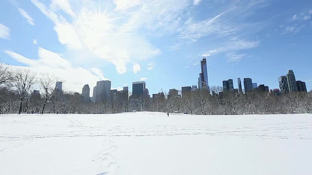 白雪覆盖的中央公园和曼哈顿摩天大楼，阳光照耀公园/美国纽约视频素材