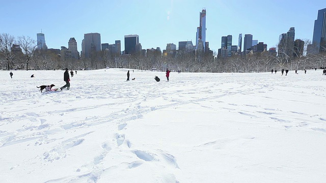 美国纽约，中央公园和曼哈顿摩天大楼被雪覆盖，阳光照耀视频素材