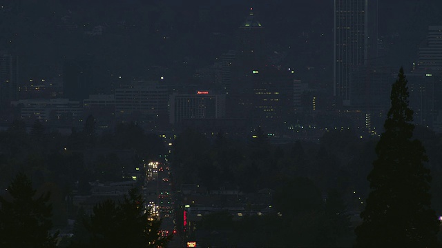 WS View of Portland, Oregon at night坐孟树连根拔起的交通灯/ Portland, Oregon, United States视频素材