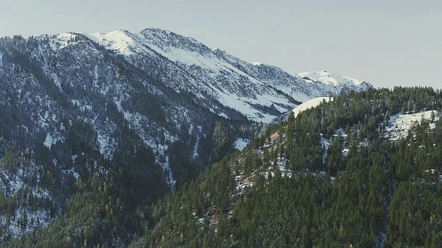 在阳光明媚的冬日里，松树覆盖着雪山的山峰。美国俄勒冈州的约瑟夫视频素材