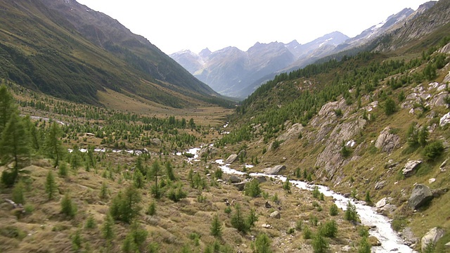 瑞士瓦莱的Lotschen山谷与龙沙河/ Lotschen山谷的WS AERIAL TS视图视频素材