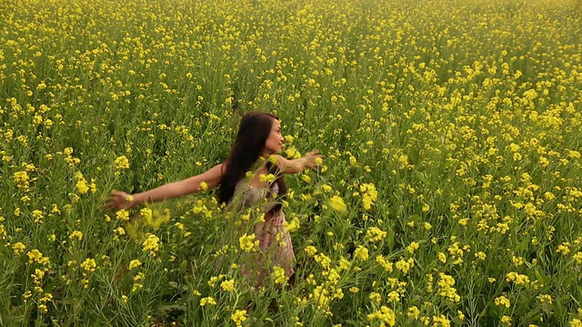 年轻女子享受芥末田，哈里亚纳邦，印度视频素材