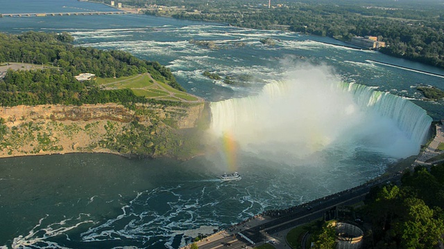 纽约尼亚加拉瀑布和加拿大马蹄瀑布WS View of Niagara Falls New York and Canada Horseshoe Falls from Skylon Restaurant in Canada / Niagara Falls, United States New York视频素材