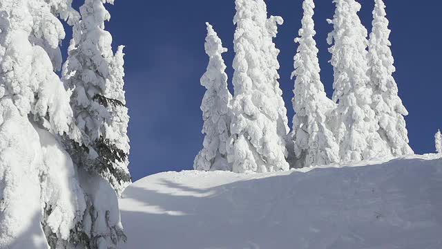 一个男人在冬天从白雪覆盖的山上滑雪。-慢动作- 1920x1080 -拍摄240帧/秒视频素材