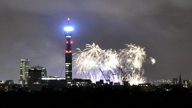 英国大伦敦，泰晤士河上，千禧年轮与伦敦市和樱草山(伦敦)西端一起观看新年前夜的烟花表演视频素材