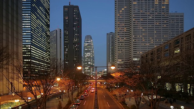 在日本东京新宿，夜晚的城市摩天大楼，行人和车辆经过街道视频素材