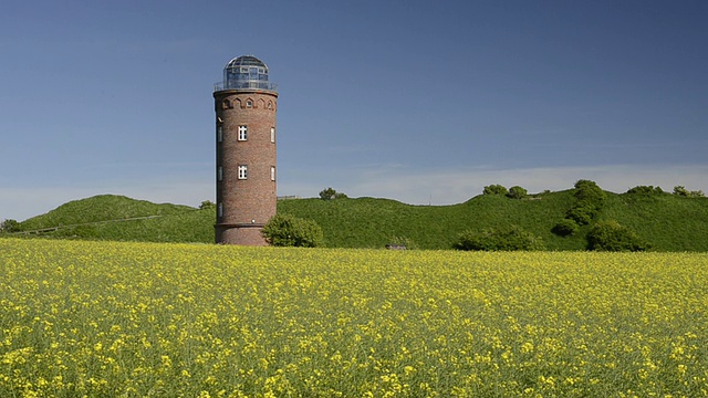 灯塔和油菜田的WS视图在Kap Arkona / Kap Arkona，鲁根/梅克伦堡，德国视频素材