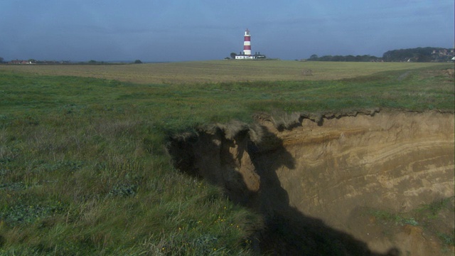 海岸悬崖与灯塔的距离，Happisburgh，英国视频素材