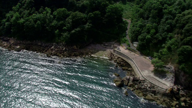 清澈的蓝色海水和波光粼粼的海浪与英格兰西南海岸的深绿色森林形成了鲜明的对比。高清。视频素材