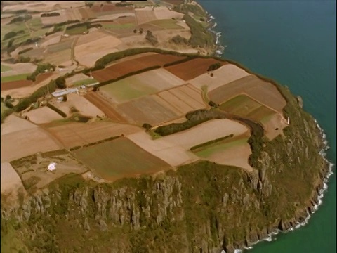 沿着海岸线塔斯马尼亚岛的岩石悬崖向内陆移动到拼凑的田地视频素材