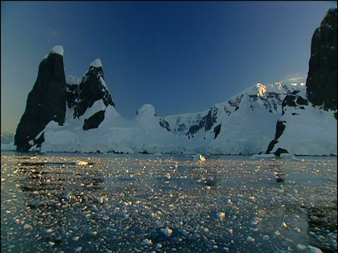 当太阳落山的时候，他们穿过了冰雪覆盖的海洋和广阔的山脉视频素材