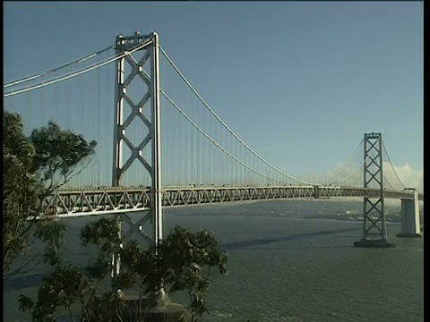 车辆在平静的海面上沿着奥克兰海湾大桥行驶。旧金山前景中微风吹拂的树枝视频素材