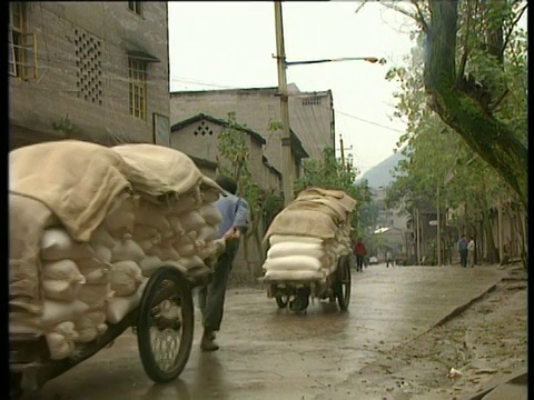 在中国三斗坪，人们拉着装满大米的大车沿着远离摄像机的道路穿过村庄视频素材