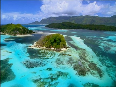 郁郁葱葱的岛屿和热带蓝色的海洋，还有空旷的白色沙滩和珊瑚礁视频素材