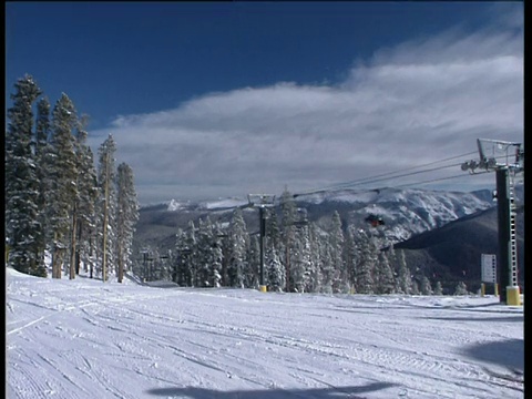 滑雪坡与雪覆盖杉树的背景风景。在科罗拉多冬季公园，滑雪者从右到左滑过摄像机视频素材