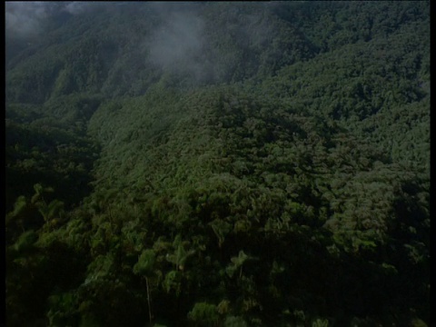 空中航迹指向和飞越云雾森林山脊，揭示了厄瓜多尔以外的丛林山谷视频素材