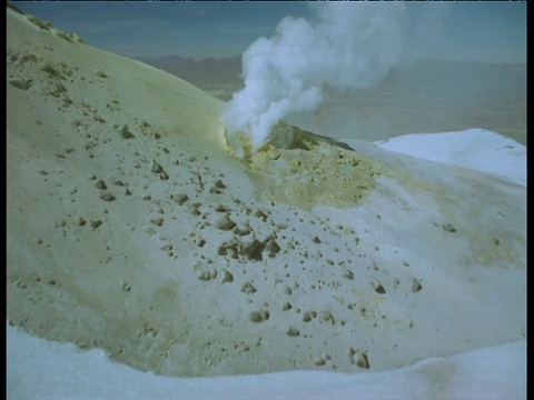 空中航迹越过白雪皑皑的火山山顶和冒着蒸汽的硫磺喷口视频素材