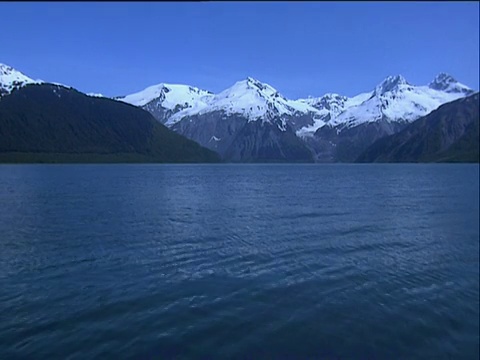 阿拉斯加利图亚湾平静的蓝色海水和白雪覆盖的山脉视频素材