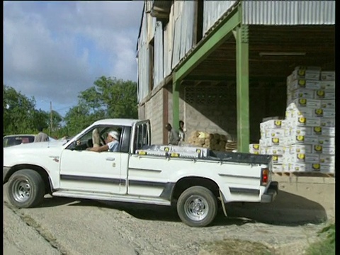 4 × 4倒车沿着大型香蕉仓库迎风群岛视频素材