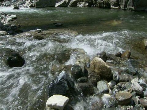 湍急的水流过岩石流入河流视频素材