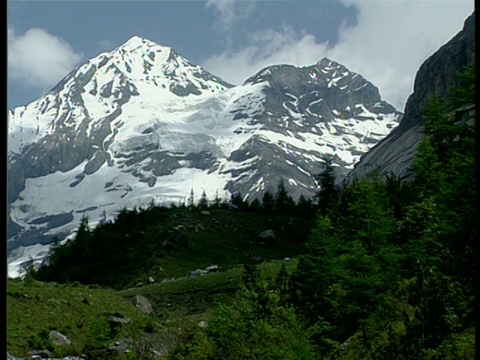 潘在风景如画的绿色山丘与雪山在瑞士阿尔卑斯山的背景视频素材